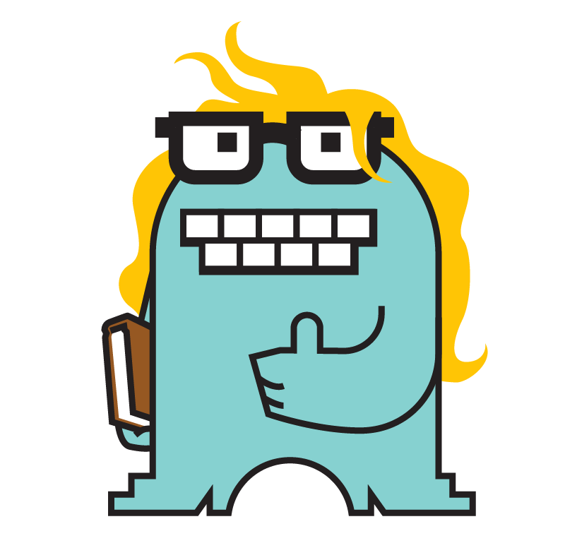 A cartoon character made of geometric shames with long wild hair, named Doc Flow